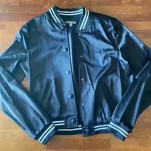 Don't Ask Why Black and White Satin Button Up Bomber Jacket